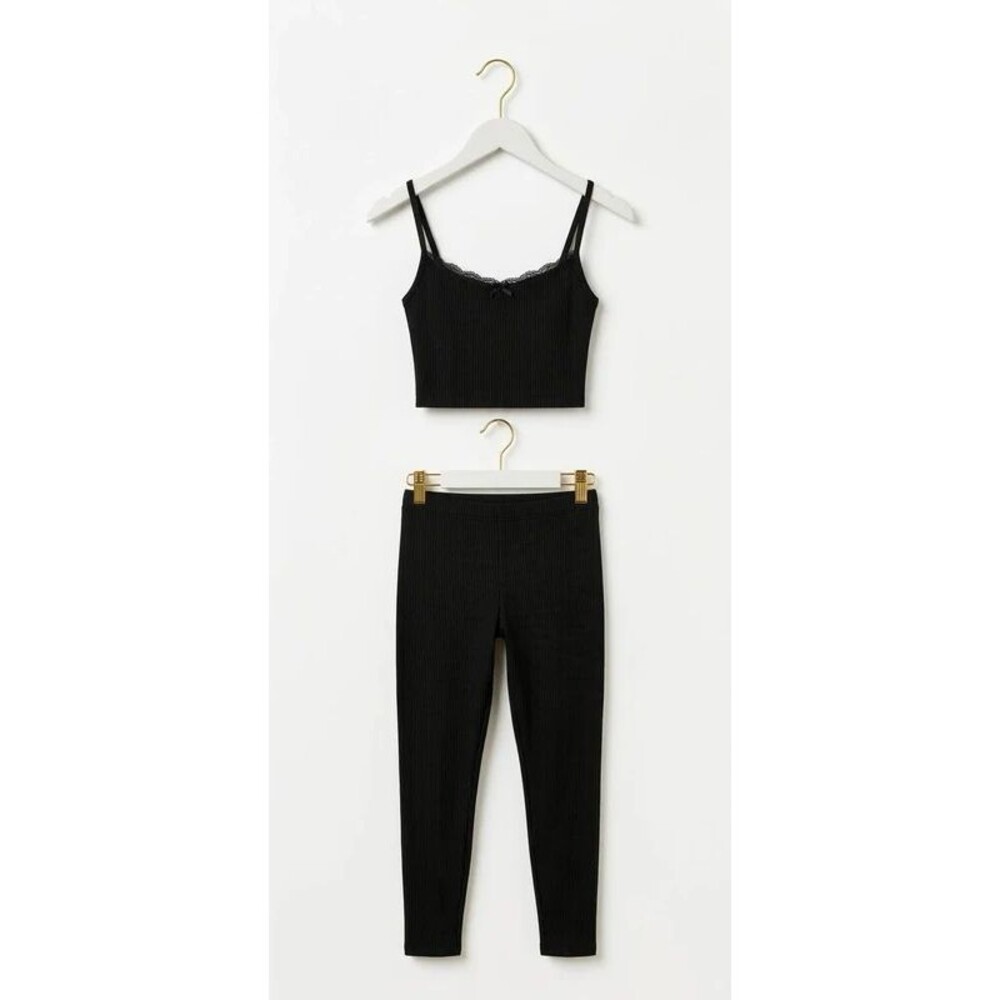 Fashion Nova Ribbed Lace-Trim Two-Piece Lounge Set - Black